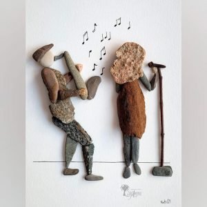 Cuadro con piedras de decoración personalizados hecho a mano en Barcelona con piedras Sax and voice UdanasArt