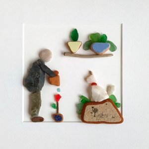 Cuadro con piedras Regando las plantas con Yuki