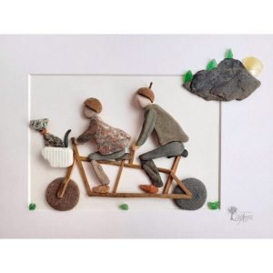 Cuadro decorativo con piedras hecho a mano Atardecer en bicicleta