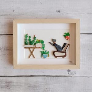 Cuadro con piedras Gactus ideal para decoración del hogar o hacer un regalo original amantes de gatos y cactus cristales del mar cristales del mar madera de deriva UdanasArt