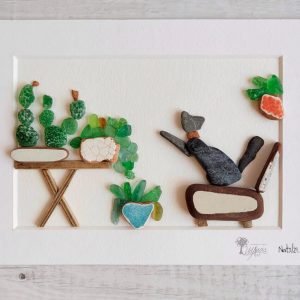 Decoración del hogar Cuadro con piedras Gactus ideal para reagalar amantes de gatos y cactus cristales del mar cristales del mar madera de deriva UdanasArt