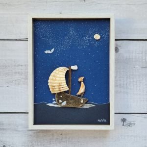 Cuadro con piedras rumbo norte decoración personalizada para el hogar hecho a mano en Barcelona con piedras madera de deriva conchas marinas Pieza ínicaUdanasArt