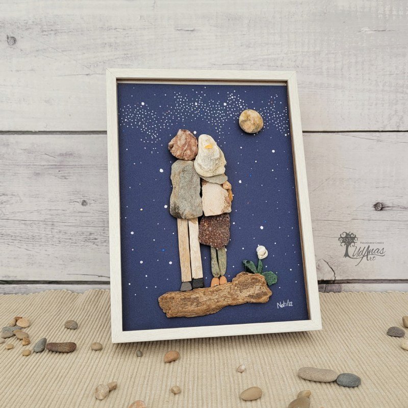 Regalo original Cuadro con piedras Juntos de noche decoración hogar día de los enamorados arte sostenible hecho a mano en Barcelona pieza única UdanasArt