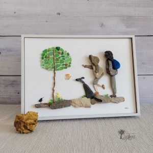 Regalo original Cuadro con piedras Passejant amb la Candela decoración para el hogar personalizado hecho a mano en Barcelona con piedras madera de deriva conchas marinas Pieza única UdanasArt