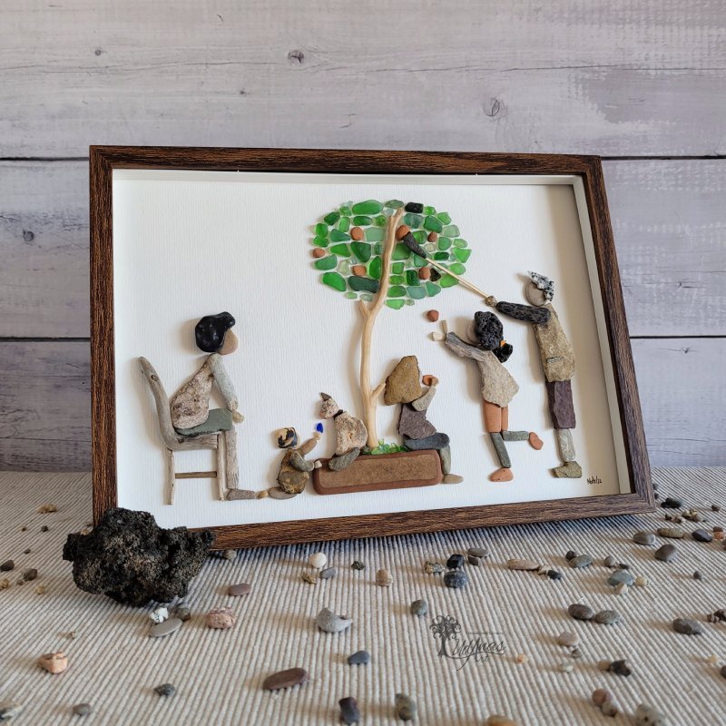 Decoración hogar Cuadro con piedras Tardes bajo el mandarino personalizado hecho a mano en Barcelona Unión familiar pieza única UdanasArt